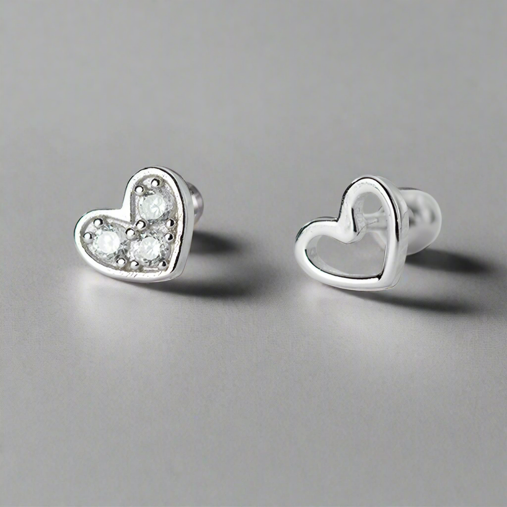 Mini heart-shaped sterling silver earrings with zirconia crystals