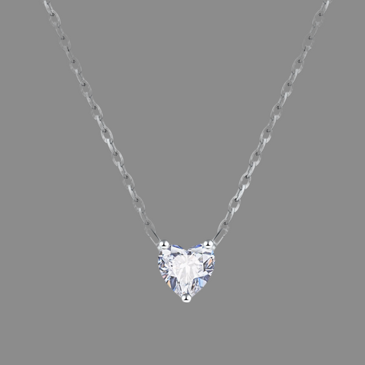 Shiny heart-shaped sterling silver necklace with zircon crystal