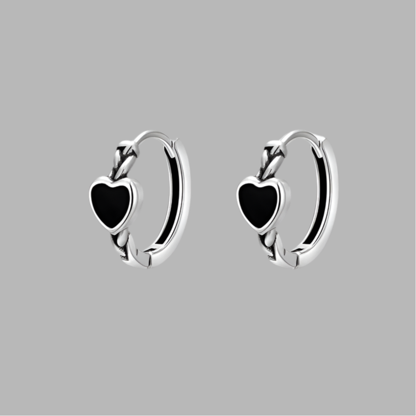 Special black zircon crystal heart-shaped sterling silver earrings