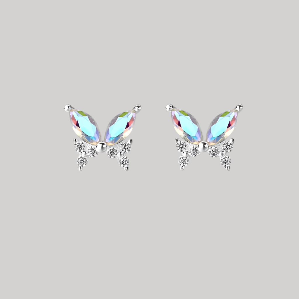 Butterfly-shaped sterling silver earrings with zirconia crystals