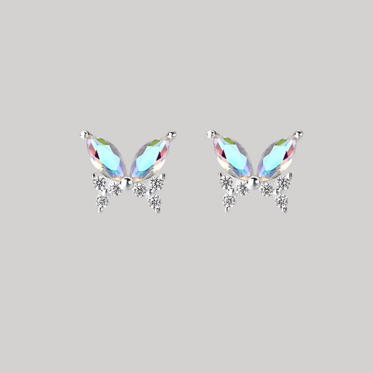 Butterfly-shaped sterling silver earrings with zirconia crystals