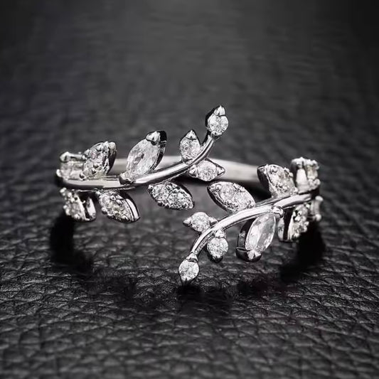 Silver ring in the shape of a leaf