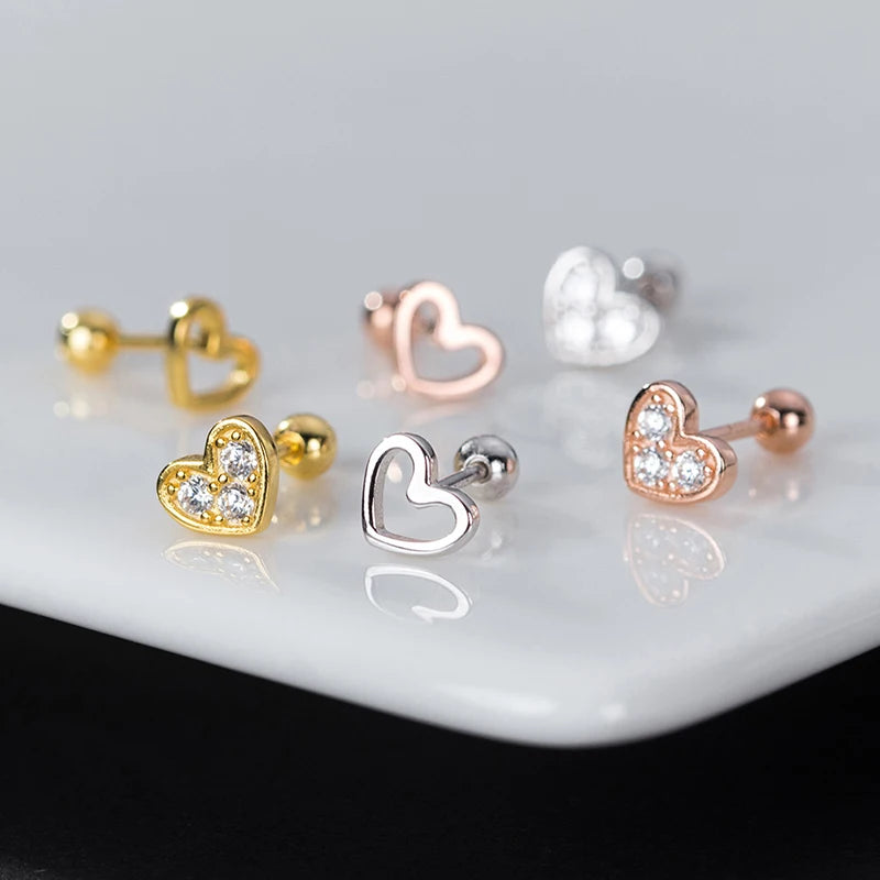 Mini heart-shaped sterling silver earrings with zirconia crystals