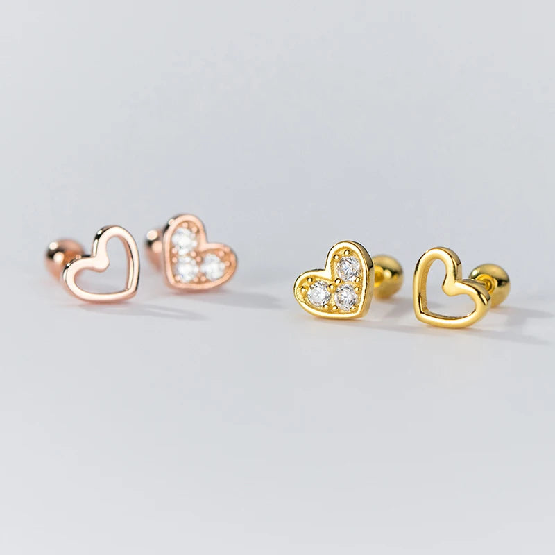 Mini heart-shaped sterling silver earrings with zirconia crystals